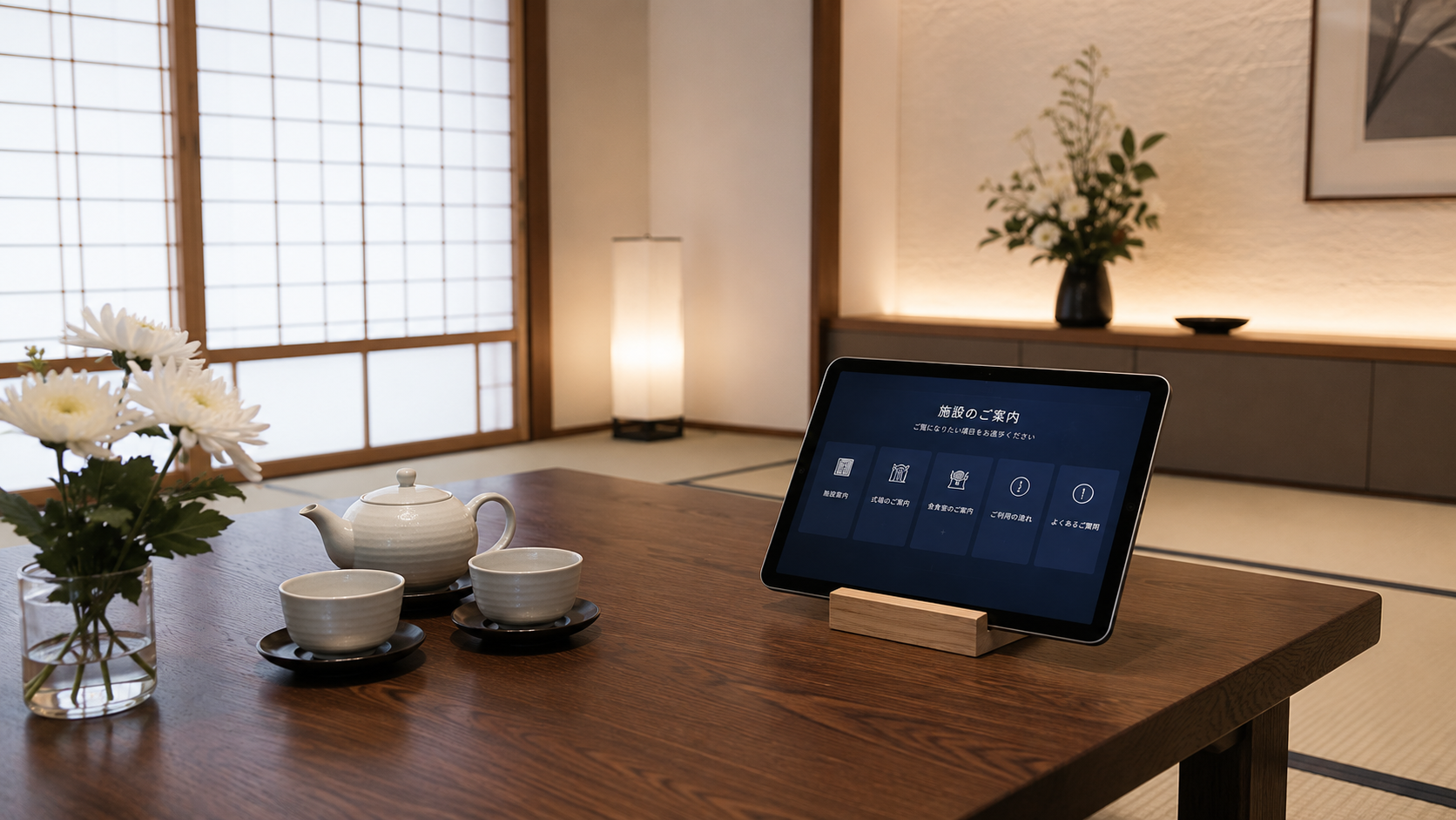 斎場の家族控室に設置したご案内タブレット
